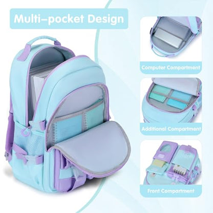ACESAK Backpack for Girls with Headphones - Girls Backpack with Lunch Box, Pencil Case & Kids Headset - 3.5mm Wired Headphones for School Bookbag Schoolbag Set Back To School Gift (Blue Purple) - color: Blue Purple