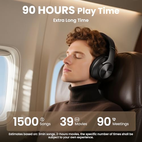DOQAUS Bluetooth Headphones Over Ear, App Control, 9 EQ, 90H Playtime | HiFi Stereo Sound, Deep Bass, Soft Memory Foam Earpads, Foldable Design Headphones Wireless, BT5.4, ENC Mic, Black - color: Black