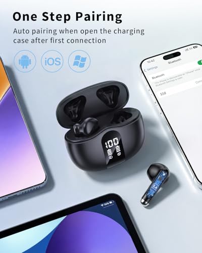 Wireless Earbuds, 2026 Bluetooth 5.4 Headphones Bass Stereo Ear Buds with Noise Cancelling Mic, LED Display in Ear Earphones 50H Playtime Ear Buds, IP7 Waterproof for Laptop Pad Phones Night Black - color: Night Black