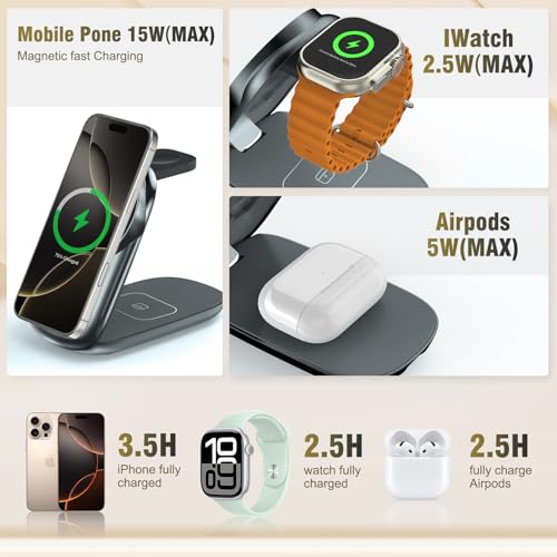 3 in 1 Folding Charging Station for iPhone 16e/16/15/14/13/12 Compatible with Apple Watch 10/9/8/7/6/5/4/3 Ultra,Wireless Charging Station for Airpods/4/3 pro - color: Grey
