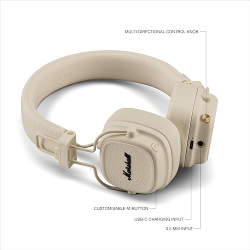 Marshall Major V Wireless On-Ear Bluetooth Headphones - 100+ Hr Playtime | Detachable Audio Cable | Microphone for Calls | Lightweight, Foldable Design for Travel - Cream - color: Cream