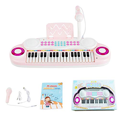 Costzon 37 Keys Electronic Keyboard Piano for Kids, Portable Musical Keyboard with Rhythm Light, Microphone, Recording, Music Stand, 8 Tone Keys, 4 Percussion Instruments (Pink) - style: Pink