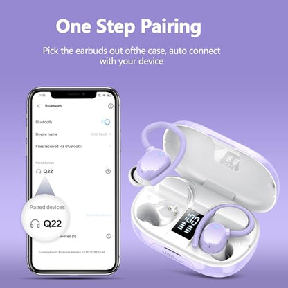 sprtoybat Wireless Bluetooth Earbuds Sport 128H Playtime New Bluetooth 5.3 Headphones with LED Display Powerful Bass Over Ear Earphones with Earhooks IP7 Waterproof for iOS Android - color: Highlight Purple