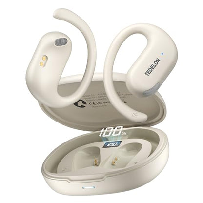 Open Ear Earbuds, 50H Open Ear Headphones Bluetooth 5.4, IPX6 Open Ear buds Wireless with Ear hook, Hi-res Stereo, AI Clear Call, Lightweight, Wireless Over Earbud for Workout, Gym, Running, Beige - color: Beige