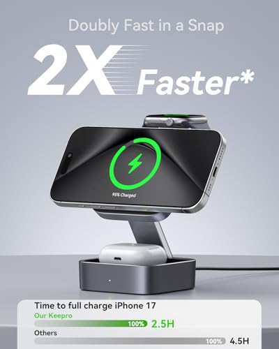 3 in 1 Wireless Charging Station for Apple Devices, Magnetic Foldable Travel Fast Charger Stand Compatible with MagSafe for iPhone Air/17/16/15/14/13/12 Series, Apple Watch & AirPods Pro/4/3/2-Black - color: Black