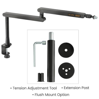 Low-Profile Broadcast Arm w 6" Riser, Supports Mics & Cameras up to 4.4 lbs | 360° Rotatable Adjustable Foldable Microphone Low Arm Desk Mount for Podcast/Streaming/Gaming/Radio Studio by AURAY