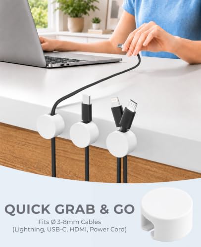 Maveek Magnetic Cable Clips White, Cord Organizer Magnet Silicone Cord Management Charging Cable Holder for Metal Desk, File Cabinet, Home and Office, with Extra Adhesive Plates (5 Piece, Large Size) | Fits Larger Cables Up To 0.3" Thick: PC, Computer, Et
