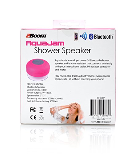 2BOOM Aqua Jam Portable Bluetooth Wireless Water Resistant Shower Speaker with Suction Cup Pink