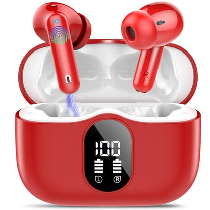 Btootos Wireless Earbuds, Bluetooth 5.4 Headphones Bass Stereo, Ear Buds with Noise Cancelling Mic, IP7 Waterproof in Ear Earphones, 36H LED Display Bluetooth Earbuds for Laptop Pad Phones, Rose Red | Ear Buds with Noise Cancelling Mic LED Display, 36H, I