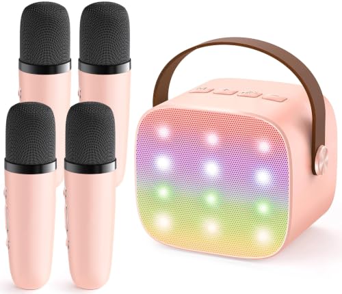 YLL Mini Karaoke Machine with 4 Wireless Microphones, Gifts for Kids | Portable Magic Voice Bluetooth Speaker, Birthday Gifts for Girls Ages 3, 4, 5, 6, 7, 8, 9, 10, 11, 12+ Year Old Family Party - color: Pink-4 Mics