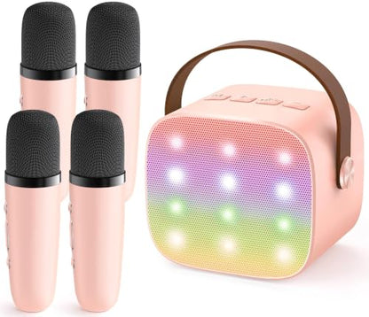 YLL Mini Karaoke Machine with 4 Wireless Microphones, Gifts for Kids | Portable Magic Voice Bluetooth Speaker, Birthday Gifts for Girls Ages 3, 4, 5, 6, 7, 8, 9, 10, 11, 12+ Year Old Family Party - color: Pink-4 Mics