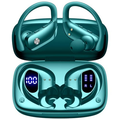 bmani Ear Buds Wireless Earbuds Bluetooth Headphones with 80H Playtime LED Display Case, Over-Ear Hook with Mic, Stereo Sound, Easy Button Controls, Sports Earphones for Running Workout Gym Green - color: Green, style: Standard