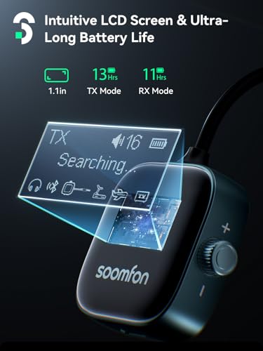 SOOMFON Airplane Bluetooth 5.3 Transmitter Receiver for TV to 2 Headphones | Airplane Bluetooth Adapter Low Latency with LCD Display 3.5mm for Plane Flying Gym Car Home Stereo System 15H Long Playtime