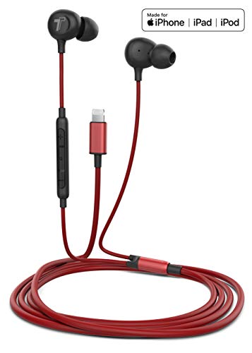 Thore iPhone 13/14 Earphones (V60) Wired in Ear Lightning Earbuds (Apple MFi Certified) Headphones with Microphone/Remote for iPhone 12/11/Pro Max/Xr/Xs Max/X/8/7 - Red - color: Red
