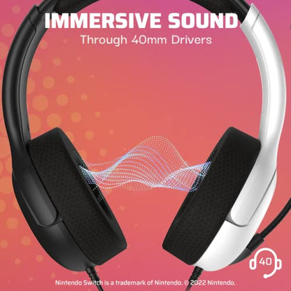 PDP Gaming AIRLITE Stereo Headset with Mic for Nintendo Switch/Switch Lite/OLED - Wired Power Noise Cancelling Microphone, Lightweight, Soft Comfort On Ear Headphones (Black & White) - color: Black & White