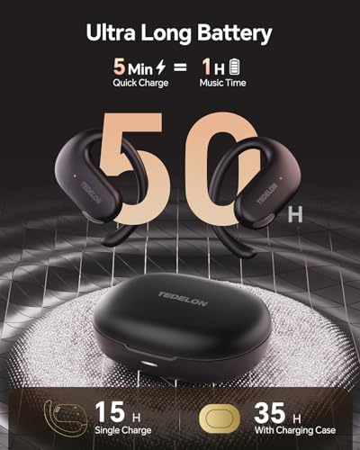 Open Ear Earbuds, 50H Open Ear Headphones Bluetooth 5.4, IPX6 Open Ear buds Wireless with Adjustable Ear hook, Hi-res Stereo, AI Clear Call, Lightweight, Wireless Over Earbud for Workout, Gym, Running - color: Black