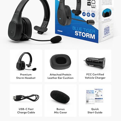 Blue Tiger Storm 블랙- 무선 트러커 블루투스 헤드셋 마이크 포함 | 마이크가 있는 모노 헤드셋, 무선 노이즈 캔슬링, 하이파이 사운드, 30시간 통화 시간, USB-C 충전, 블루투스 5.0 - color: 블랙., style: 스톰 블랙