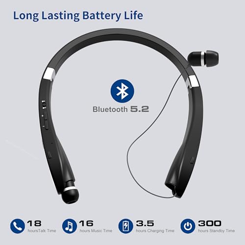 Bluetooth Neckband Headphones, Dpvisn Foldable Wireless Lightweight Neck Headset with Retractable Earbuds, Noise Cancelling Sweatproof Stereo Earphones with Mic & Carrying Case (Black) - color: Black