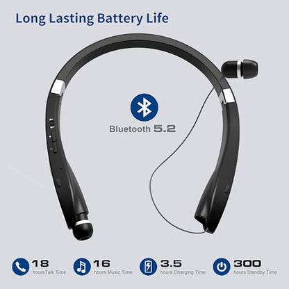Bluetooth Neckband Headphones, Dpvisn Foldable Wireless Lightweight Neck Headset with Retractable Earbuds, Noise Cancelling Sweatproof Stereo Earphones with Mic & Carrying Case (Black) - color: Black