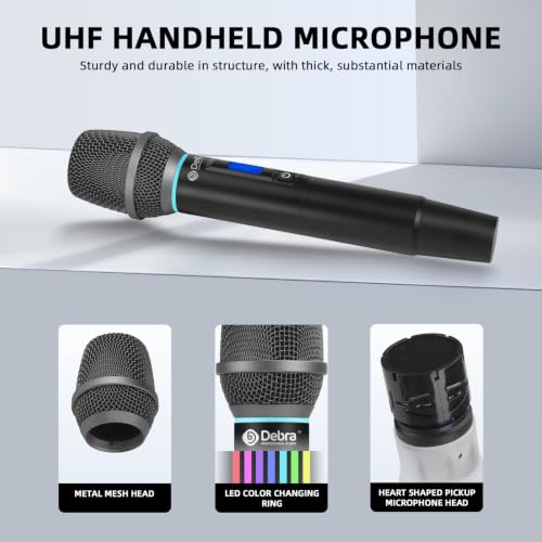 Debra Wireless Microphone System, UHF Dual Handheld Metal Mics with LCD Screen, 262ft Long Range, Cardioid Dynamic Mic for Clear Vocal, XLR/6.35mm Output for Karaoke, Party, Church, Live Performance