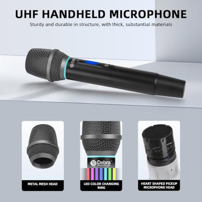 Debra Wireless Microphone System, UHF Dual Handheld Metal Mics with LCD Screen, 262ft Long Range, Cardioid Dynamic Mic for Clear Vocal, XLR/6.35mm Output for Karaoke, Party, Church, Live Performance