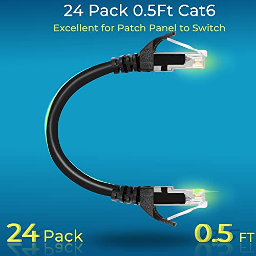 Rapink Patch Cables Cat6 0.5ft (24 Pack), Ethernet Patch Cable 10G, Cat 6 Patch Cable for Patch Panel to Switch, Flexiable Cat 6 Ethernet Cable with Gold Plated Black - color: Black, size: 0.5FT, style: 24 Pack