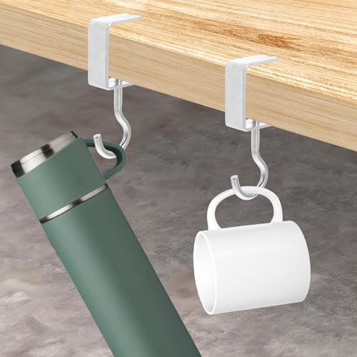 cobee Clamp-On Under Desk Hooks, Desk Mount Hanging Bag Holder Metal Hook | Adjustable Headphones Clamp Organizer Portable Purse Hanger Clip Reduce Clutter Table Desk Under Counter (4 Pcs, Silver) - color: 4 Pcs, Silver