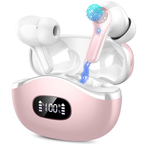 Wireless Earbuds, 2026 Bluetooth 5.4 Headphones NEW Ear Buds 40H Bass Stereo in-Ear Earphones ENC Noise Cancelling Earbuds with 4 HD Mic, USB-C LED Display IP7 Waterproof Sport Headset for Android iOS - color: Pink