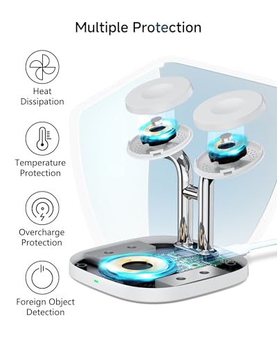 3 in 1 Dual Watch Wireless Charger Stand for Apple Watch Ultra/11 & AirPods | Dual magnetic watch charging, 5W Fast watch charge, Ergonomic design, Chrome plated plastic stand, Multi safety guard, 704A - color: White & Silver