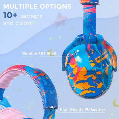 Kids Ear Protection Safety Ear Muffs, NRR 25dB Noise Reduction Children Earmuffs, Hearing Protectors for Sleeping, Studying, Airplane, Concerts, Fireworks-Blue Painting with Pink Band - color: Pink Band Blue Painting