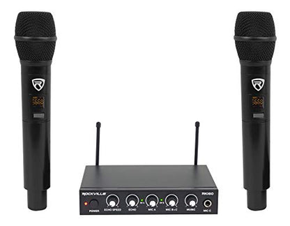 Rockville RKI60 Dual UHF Wireless Microphone Karaoke Interface and Mixer | 2 UHF Mics, 8 Frequencies, 200 Ft Range, Optical/Coax/Aux Inputs, 1/4" Mix Output, Echo Control, Cables Included - style: W/O Bluetooth