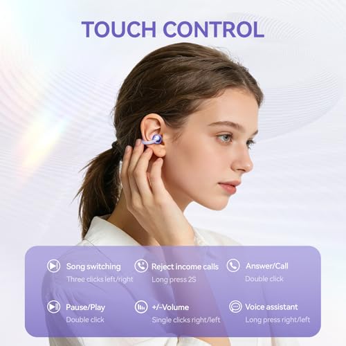 Clip On Earbuds Open Ear Ear Buds Wireless Bluetooth 5.4 Headphones,48H Playtime,IPX6 Waterproof,Touch Control,Comfortable for Workouts and Daily Use (Purple) - color: Purple