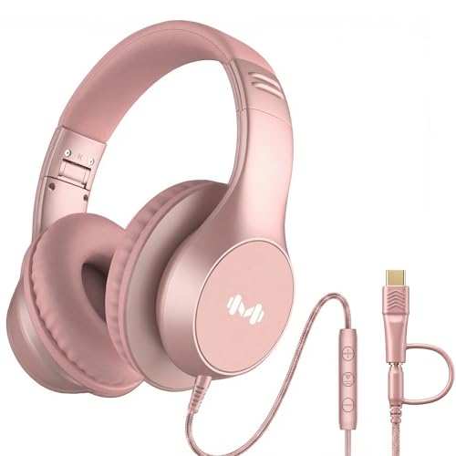 Wired Over-Ear Headphones, Mic, 3.5mm Jack, USB-C Adapter, Gold | Foldable over-ear headphones with soft cushions, inline mic, 3.5mm jack, and USB-C adapter for school, office, and travel. - color: Gold