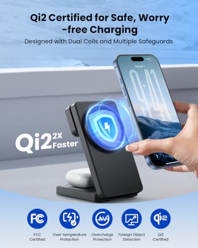 애플용 마그네틱 무선 충전 스테이션: 업그레이드된 QI2 인증 15W 3-in-1 Magsafe 무선 충전기 스탠드, 접이식 여행용 고속 충전기 아이폰 17 16 15 14 13 12 시리즈, 애플 워치, 에어팟용 - color: 퓨어 블랙.