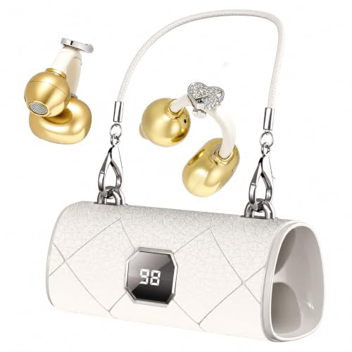 Clip-on Bluetooth Earbuds, with Handbag-Style Charging Case (Gold Earbuds + Silver Heart-Shaped Jewelry) - color: Gold earbuds + Silver heart-shaped jewelry