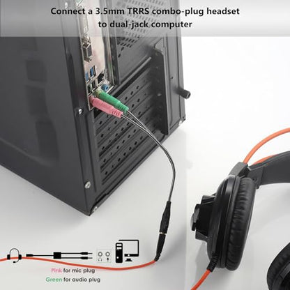 Headphone Splitter for Computer CTIA 3.5mm TRRS Female to 2 TRS Male | Braided Mic Audio Jack Y Adapter Headset Splitter Cable for PC, Laptop to Gaming Headset - 8inch/20cm - size: 1 Pack / 0.6 Feet