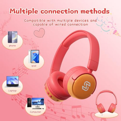 S62 Kids Bluetooth Headphones On Ear, Wireless Headset with Mic & 85/94dB Volume Limiter, Foldable Stereo Headphones for Boys Girls, Safe Learning & Entertainment Headphones for School/Travel - color: Pink&Orange