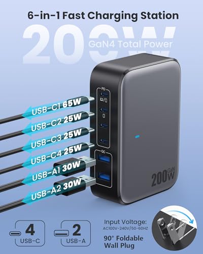 USB C Charger 200W USB Charging Block,6 Ports Foldable Wall Charger Outlet Plug,QC4.0 Fast Charging Station Hub,PD 65W Laptop Adapter for MacBook Pro/Air,Dell,iPhone 17/16/15,Galaxy (Black)