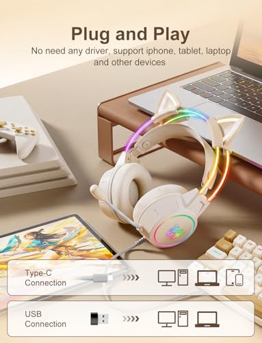 Girl Gaming Headset with Microphone, Detachable Cat Ear, RGB LED Light Surround Sound, Wired Over Ear Headphones for Laptop/Tablet/Phone,Type C Cable & USB-A Adpater