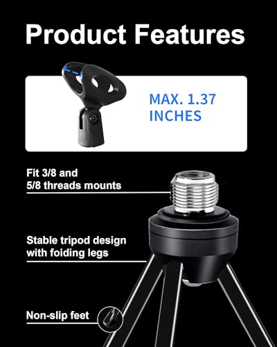 Desk Microphone Stand with Mic Clip Holder, Foldable Tripod with Non-slip Feet Adjustable Desktop Mic Stand, Ideal for Podcast, Online Chat, meetings with dynamic mics Like SM58 57 PGA48 etc.