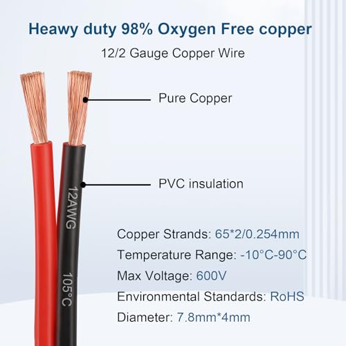 12 Gauge Wire - 12 AWG 2 Conductors Copper Wire Battery Cable Oxygen Free Copper Wire for Solar Panel, Automotive, Trailer, RV and Speaker (12 Gauge 10FT) - size: 10 FT, style: 12 AWG