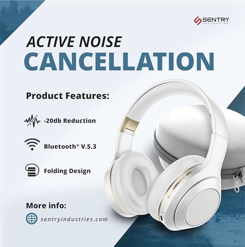 SENTRY OSH Over Ear Bluetooth Wireless Headphones, Active Noise Canceling -20dB Reduction, 22 Hour Battery Life, Control Buttons, Built in Microphone, USB C Charging and Carrying Case Included (White) - color: White