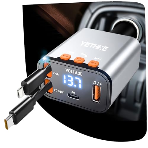 Bluetooth Car Adapter with Retractable Charger,[Upgrade] Bluetooth 5.4 FM Transmitter for Cars, 4 in 1 Fast Car Charger 69W, Handsfree Call, 2*Retractable Cable for iPhone 17/16/15/14, Galaxy-Silver - color: Silver