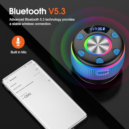 Bluetooth Shower Speaker, Portable Bluetooth 5.3 Speakers Wireless with Time Display, IP7 Waterproof Speakers with RGB Light, Suction Cup, Mini Stereo Speaker for Bathroom Party Beach Outdoor, Blue - color: Sky Blue