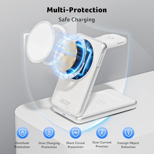 Acer 3 in 1 Charging Station for iPhone, Wireless Charger Stand,15W Fast MagSafe Charger for iPhone 17 16 15 14 13 12 Series-Apple Watch 11 10 9 8 7 6 5 4 3 2 SE and Ultra Series-Airpods 4 3 2 Pro - color: S3-White