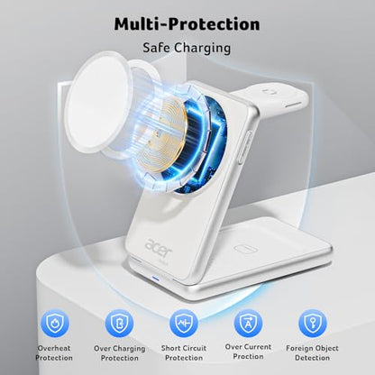 Acer 3 in 1 Charging Station for iPhone, Wireless Charger Stand,15W Fast MagSafe Charger for iPhone 17 16 15 14 13 12 Series-Apple Watch 11 10 9 8 7 6 5 4 3 2 SE and Ultra Series-Airpods 4 3 2 Pro - color: S3-White