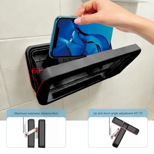 Shower Phones Holder With Speaker, Wall Mount Shower Phone Holder Waterproof, Bathroom Accessories, Waterproof Phone Case, 360° Rotation, Retractable Adjustable Bathroom Case Mount Shelf (Black) - color: Black