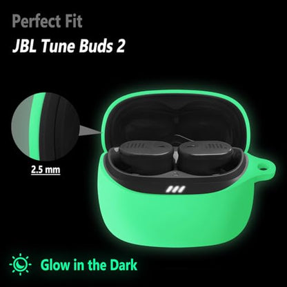Geiomoo Silicone Case for JBL Tune Buds 2, Soft Flexible Scratch Resistant Protective Cover with Carabiner (Luminous Green) - color: Luminous Green