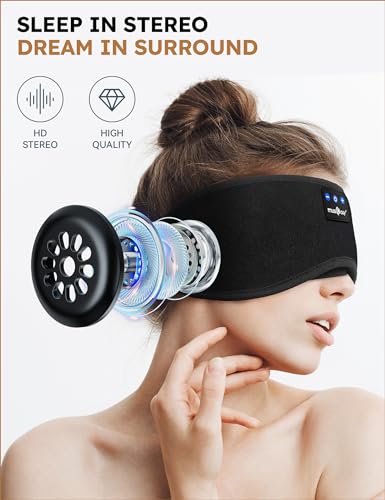 MUSICOZY Sleep Headphones Bluetooth 5.4 Sleep Eye Mask with HD Speakers | Soft Cotton Fabric, Flat Design, 14 Hours Playtime, Washable Headband Style for Side Sleepers, Travel Meditation Relaxation - color: Dark Black