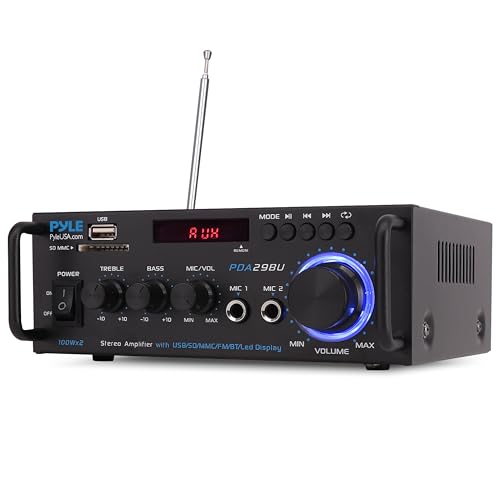 Pyle 200W Bluetooth Compact Power Amplifier - Wireless 2 Channel Audio Receiver with Dual Karaoke Mic Input - RCA - USB-A + SD Card MP3 Player - FM Radio - AUX In - Remote Control - PDA29BU